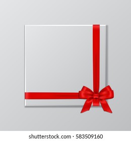 White gift box with red ribbon and bow template. Vector illustration.