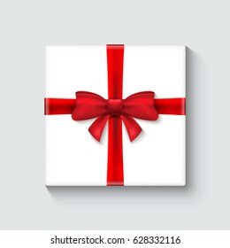 White gift box with red ribbon bow. Celebration decoration design illustration. Holiday package element.