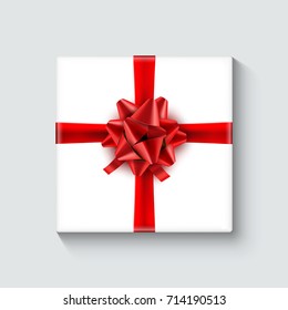 White gift box with red ribbon. Celebration decoration design illustration. Holiday package element.