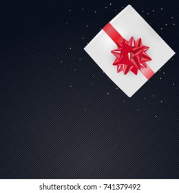 White gift box with red ribbon on dark background and confetti. Vector illustration
