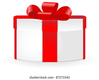 White gift box with red ribbon on white background. Vector illustration.
