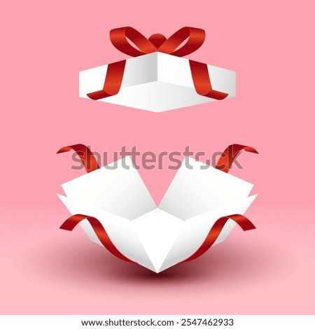 white gift box, red ribbon, open.