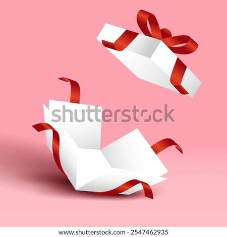 white gift box, red ribbon, open.