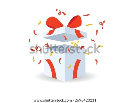White gift box with red ribbon bow and exploded confetti