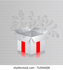 White gift box with red ribbons on a background of white boards