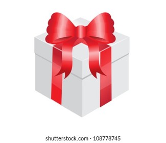 white gift box with a shiny red bow