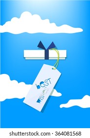 White gift box with a tag, 'best wishes' inscription on it, blue sky with clouds on a background.