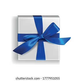 White gift box tied with blue silk or satin ribbon, top view. Vector stock isolated illustration in realistic style, 3d, use as a clipart, icon or design element. The Lay Flat style