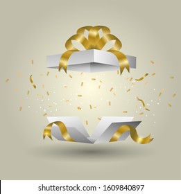 A white gift box tied with a golden ribbon Burst of the gold color gradient background