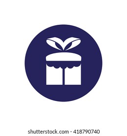 White gift box vector icon illustration. Blue circle. Blue button