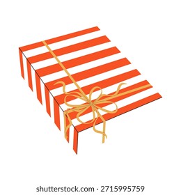 Una caja de regalo blanca con amplias rayas naranjas, un lazo amarillo y una cinta sobre un fondo blanco. Una caja de regalo festiva para el año Nuevo, cumpleaños y otras ocasiones