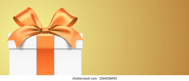 White gift box wrapped with golden ribbon, standing on a gold gradient background. Elegant giftbox banner vector design, with copy space.