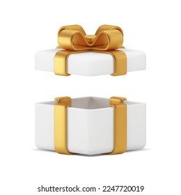 White gift box wrapped golden bow ribbon happy birthday festive congratulations 3d icon realistic vector illustration. Premium present holiday celebration anniversary shopping surprise decor design