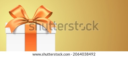 White gift box wrapped with golden ribbon, standing on a gold gradient background. Elegant giftbox banner vector design, with copy space.