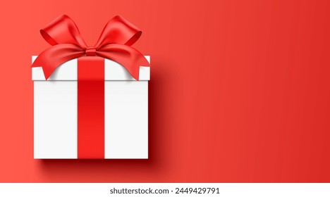 Weiße Geschenkbox mit rotem Band umwickelt, liegt auf einem Horizontalen roten Hintergrund mit Kopierraum, realistische Vektorillustration.