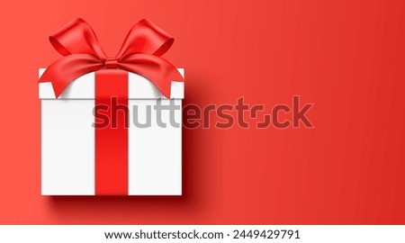 White gift box wrapped with red ribbon, lying down on a red horizontal background with copy space, realistic vector illustration.