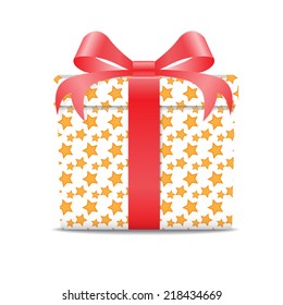  white Gift box with a yellow star pattern tie red ribbons