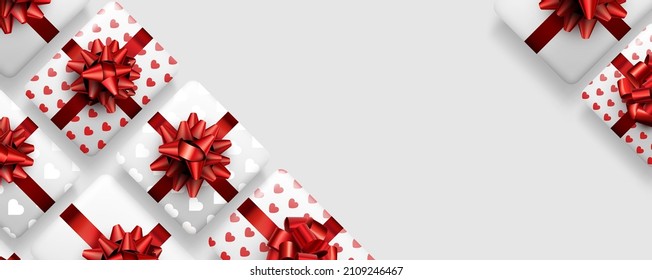 White gift boxes with beautiful red bows. Banner with space for text for Valentine's day. Vector illustration.