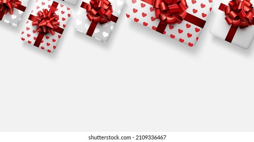 White gift boxes with beautiful red bows. Banner with space for text for Valentine's day. Vector illustration.