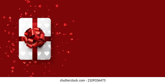 Cajas de regalo blancas con un hermoso arco rojo. Cartel con papel rojo como confeti para el día de San Valentín. Fondo rojo. Ilustración vectorial.