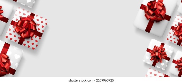 White gift boxes with beautiful red bows. Banner with space for text for Valentine's day. Vector illustration.