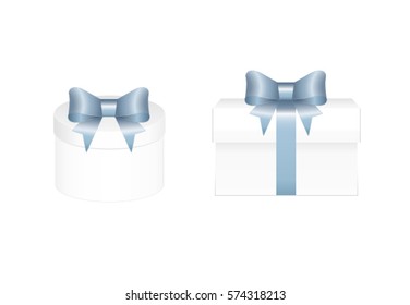 White Gift Boxes with Blue Ribbon and Bow Isolated on  White Background. Vector image.