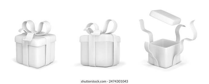 White gift boxes closed and open on a white background. Vector illustration