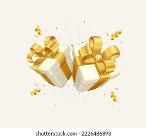 White gift boxes decorative festive object with golden bows and gold sequins confetti on white background