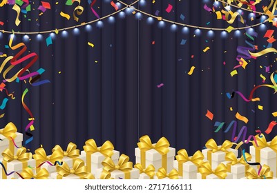 White gift boxes with golden ribbons falling confetti and streamers on dark purple curtain background horizontal banner for Christmas New Year celebration party birthday sale promotion event copy space center vector
