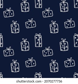 White gift boxes on the blue background. Vector seamless pattern. 