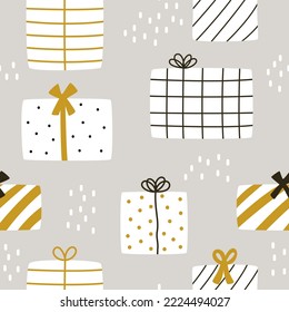 Cajas blancas de regalo sobre fondo gris para la celebración de la fiesta. Patrón sin soldadura para papel de embalaje, paquete