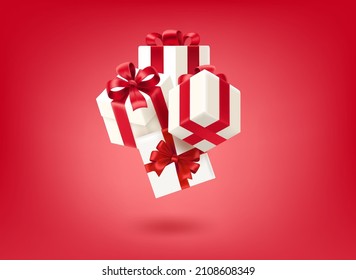 White gift boxes on red background. Holiday presents concept. 3d vector illustration

