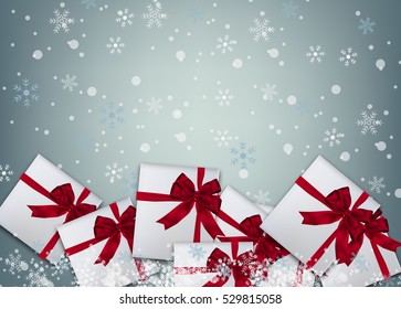 white gift boxes on Winter background with snow. Vector Illustration.