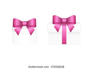 White Gift Boxes with Pink Ribbon and Bow Isolated on  White Background. Vector image.