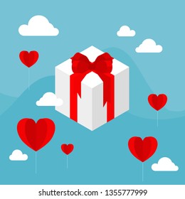 White gift boxes with red bow ribbon floating in the blue sky decorate with cloud and red heart shape paper balloon