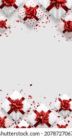 White gift boxes with red bows. Christmas, birthday, wedding, Valentine's day present. Space for text. Vector holiday illustration.