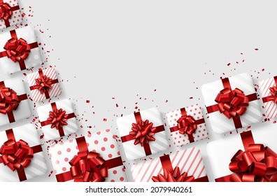 Weiße Geschenkbox mit roten Schleifen. Weihnachten, Geburtstag, Hochzeit, Valentinstag. Platz für Text. Vektorgrafik für Feiertage.