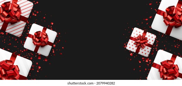 White gift boxes with red bows. Christmas, birthday, wedding, Valentine's day present. Black background. Space for text. Vector holiday illustration.