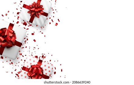 Cajas de regalo blancas con arcos rojos. Navidad, cumpleaños, boda, regalo de San Valentín. Espacio para texto. Ilustración vectorial de vacaciones.