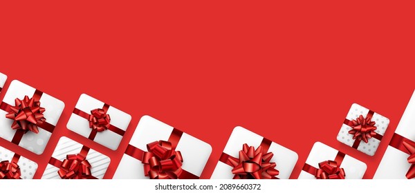 Cajas de regalo blancas con arcos rojos. Navidad, cumpleaños, boda, regalo de San Valentín. Fondo rojo. Espacio para texto. Ilustración de la vista superior del vector.