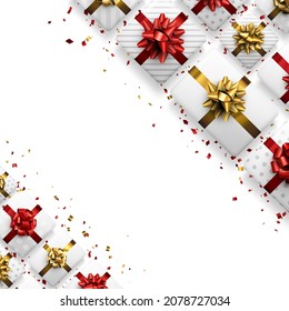 White gift boxes with red and golden bows. Christmas, birthday, wedding, Valentine's day present. Space for text. Vector holiday illustration.