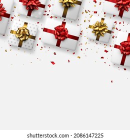 White gift boxes with red and golden bows. Christmas, birthday, wedding, Valentine's day present. Space for text. Vector top view illustration.