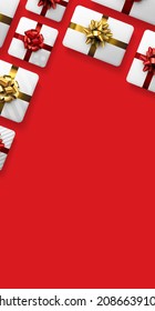 White gift boxes with red and golden bows. Christmas, birthday, wedding, Valentine's day present. Red background. Space for text. Vector top view illustration.