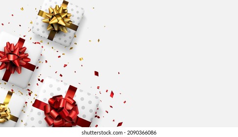 White gift boxes with red and golden bows. Christmas, birthday, wedding, Valentine's day present. Space for text. Vector top view illustration.
