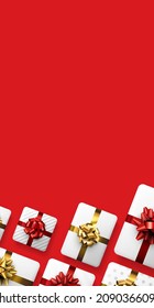 Weiße Geschenkbox mit roten und goldenen Bögen. Weihnachten, Geburtstag, Hochzeit, Valentinstag. roter Hintergrund. Platz für Text. Vektorgrafik mit Draufsicht.