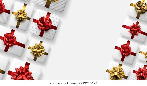 White gift boxes with red and golden bows. Christmas, birthday, wedding, Valentine's day present. Space for text. Vector holiday illustration.