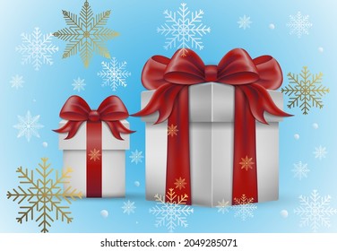 Cajas de regalo blancas con una cinta roja sobre un fondo azul.