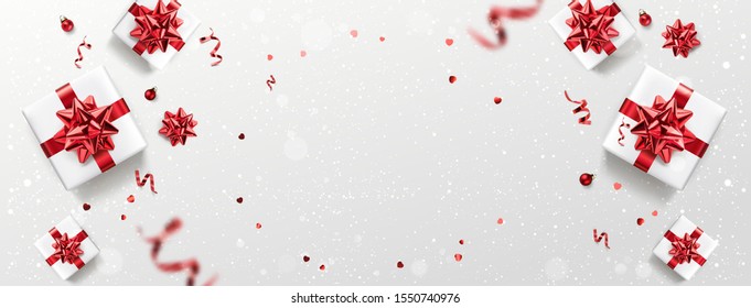 White gift boxes with red ribbons and bows, red decoration, sparkles, confetti on white background. Merry Christmas and Xmas card. Happy Birthday postcard, top view, realistic vector