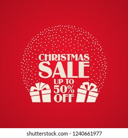 White gift boxes with ribbon bow on red background with falling snow as Happy New Year or Christmas card, invitation, poster, banner. Vector illustration of event template