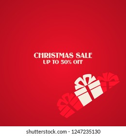 White gift boxes with ribbon bow on red background with falling snow as Happy New Year or Christmas card, invitation, poster, banner. Vector illustration of event template